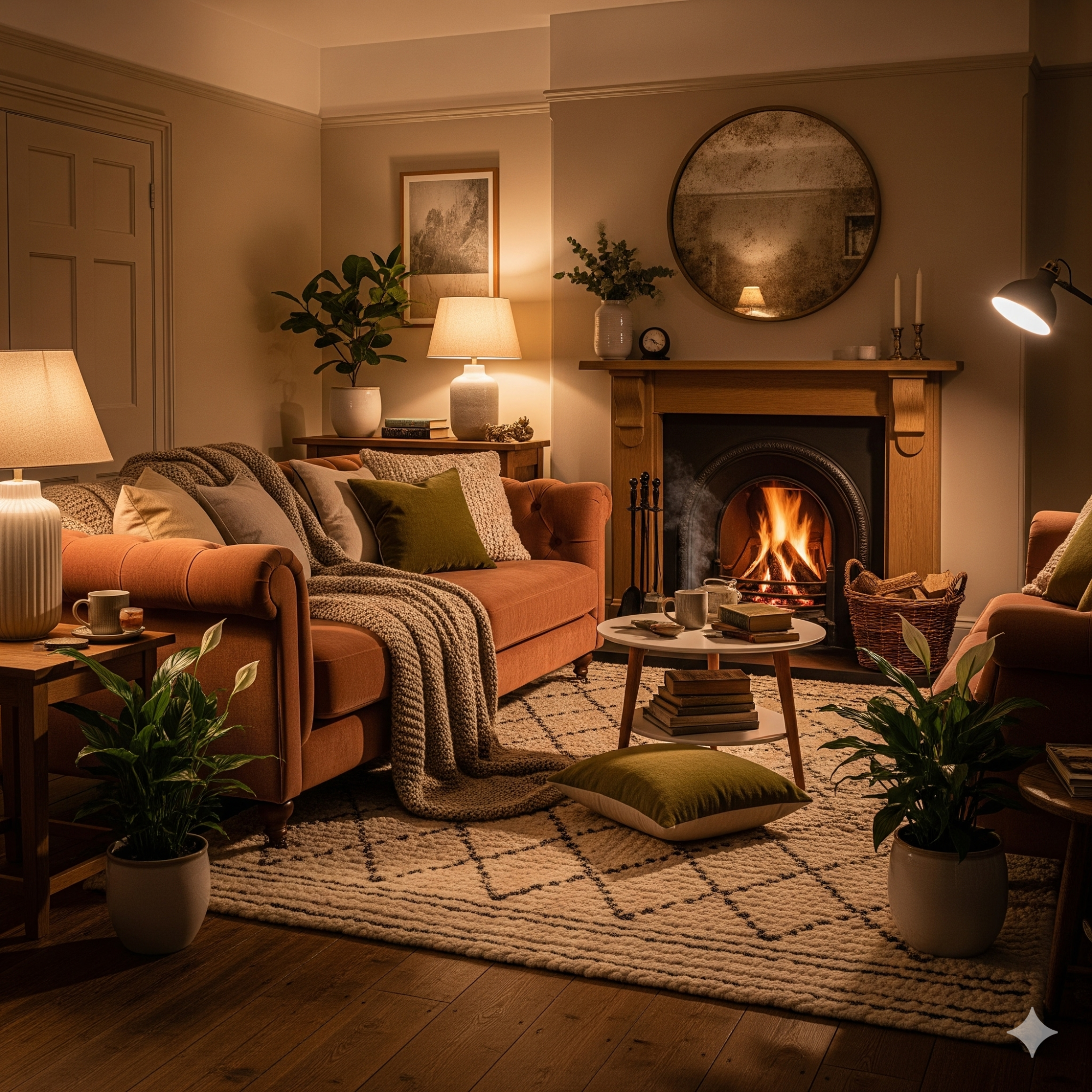 The Cosy & Snug Lounge Cosy living room with warm lighting, a fireplace, plants, and comfortable furniture.