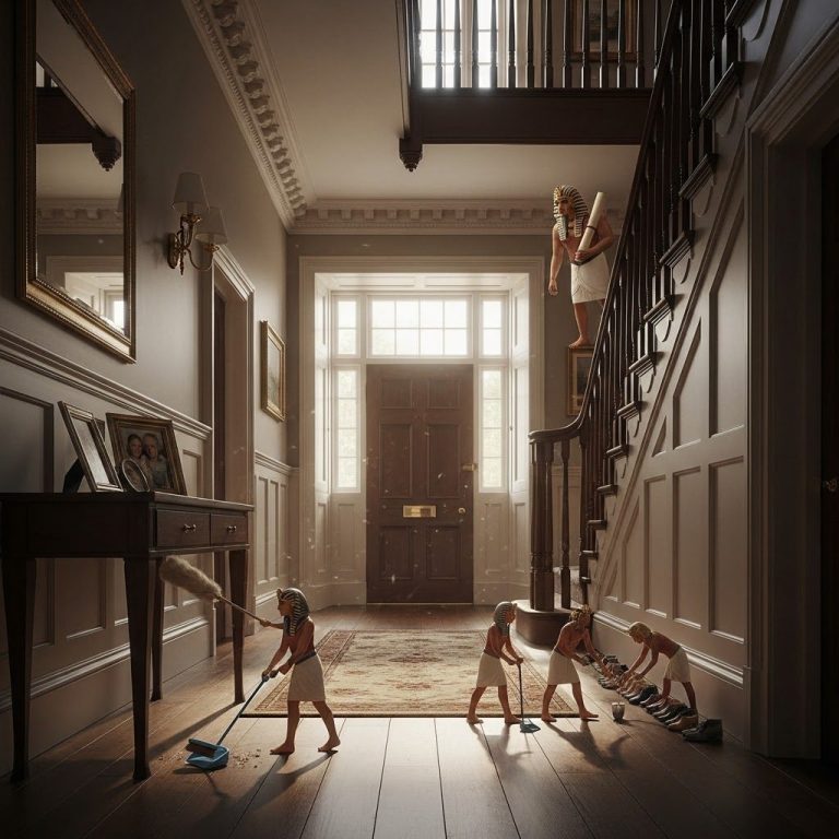 UK home Entrance/Hallway Miniature figures sweeping a spacious, well-lit room with a staircase and plants.