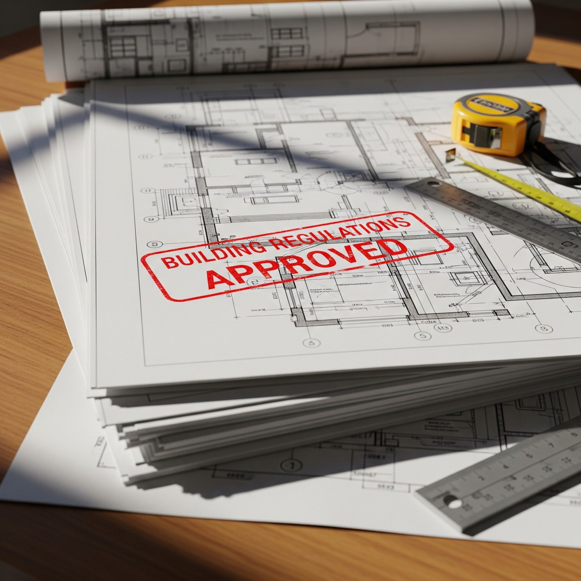 Building regulation drawings A construction worker reviewing blueprints on a building site.