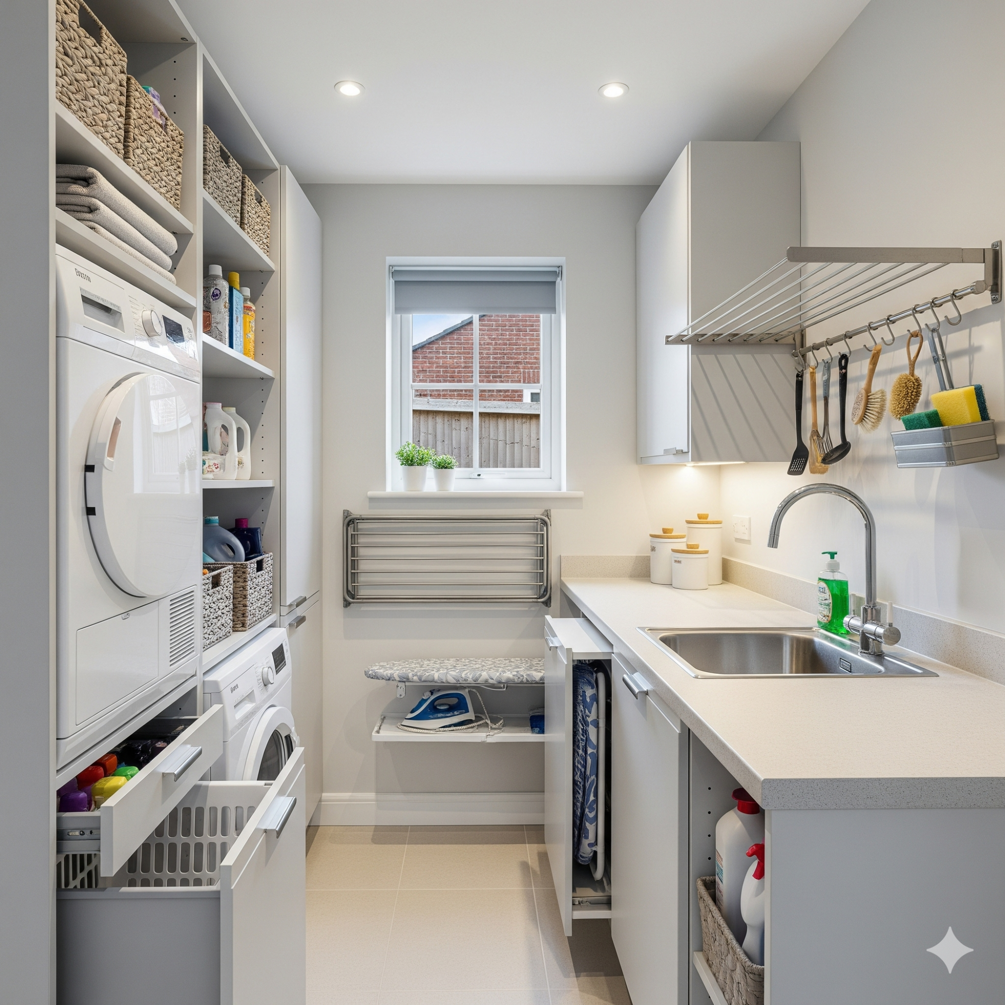 Compact & Efficient Modern laundry room with grey cabinetry, washing machine, and organised shelves.