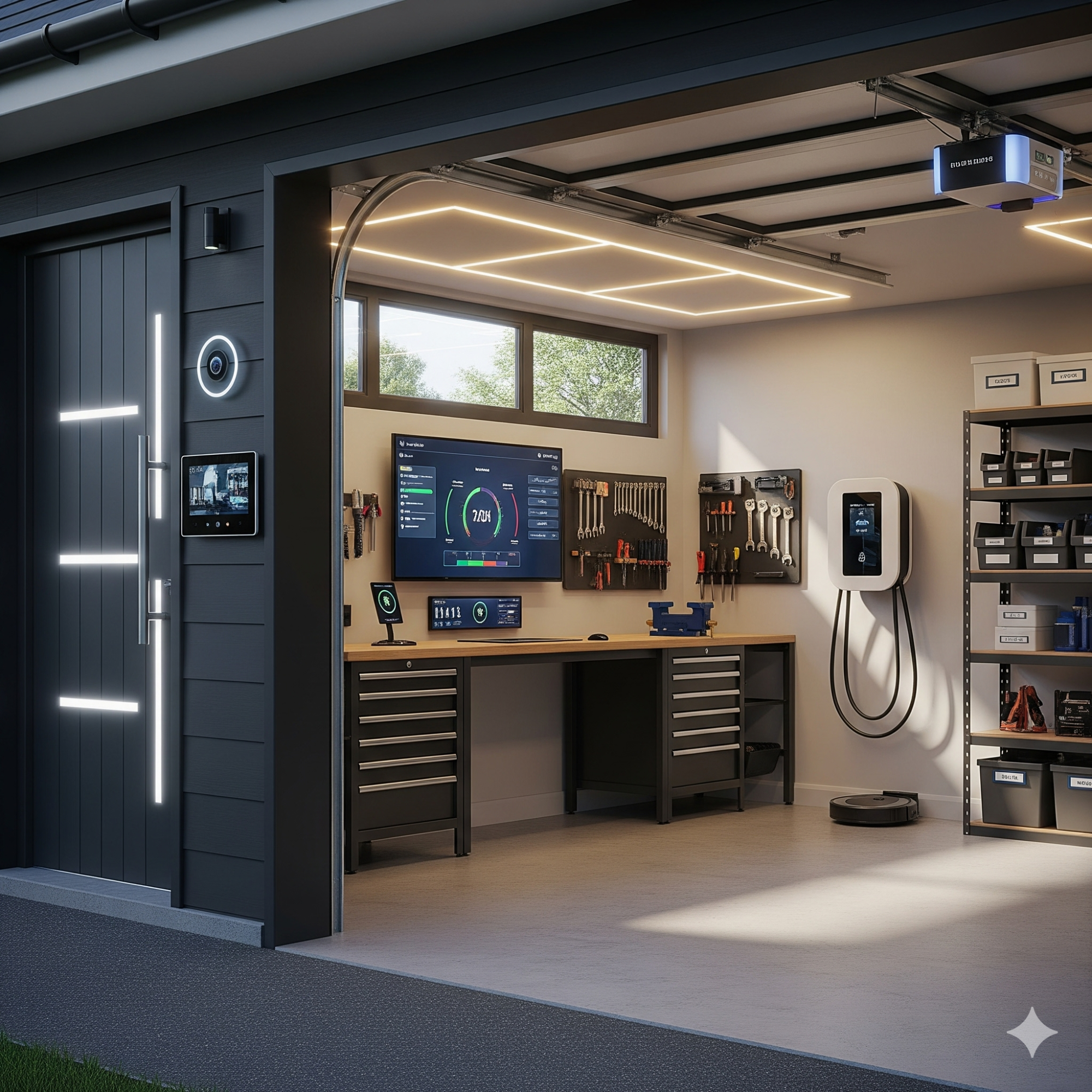 Smart Technology Modern garage interior with tools, electronic display, and shelves of equipment.