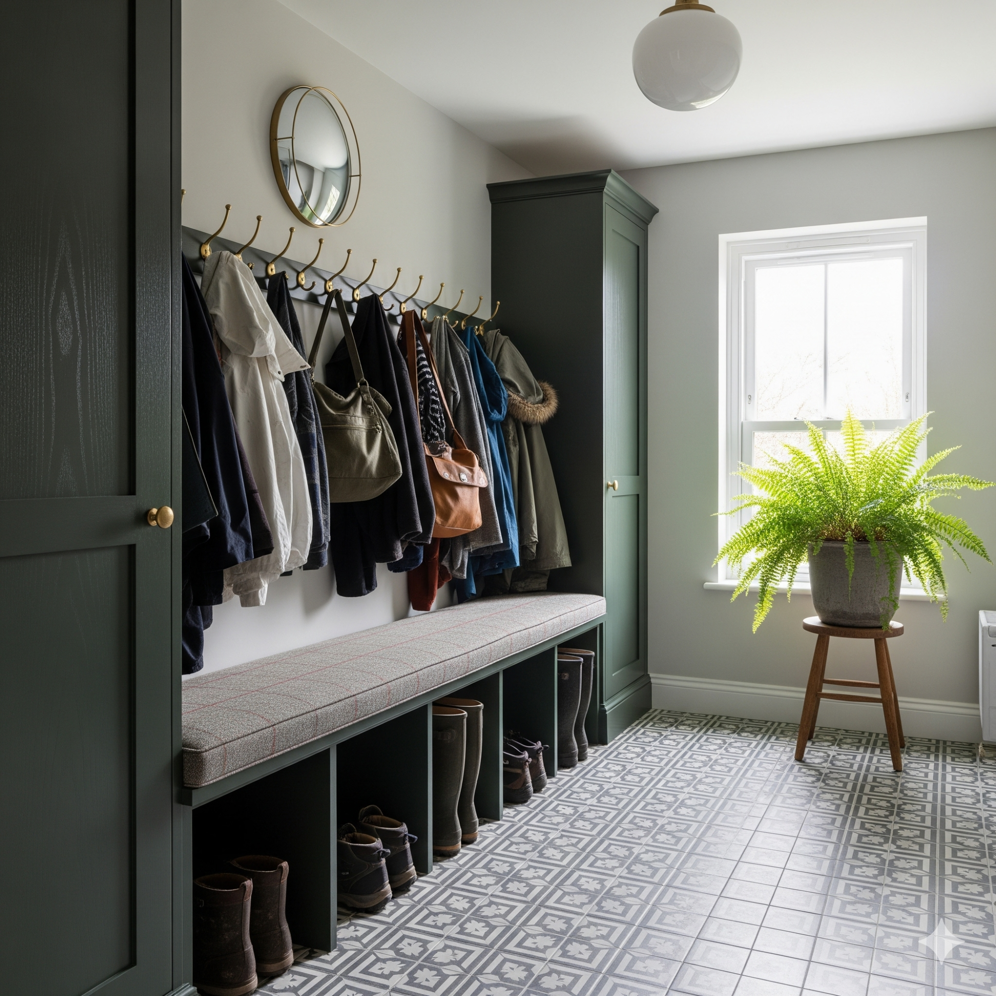 Stylish Cloakroom A modern hallway with coat hooks, a bench, and a potted fern in a bright space.