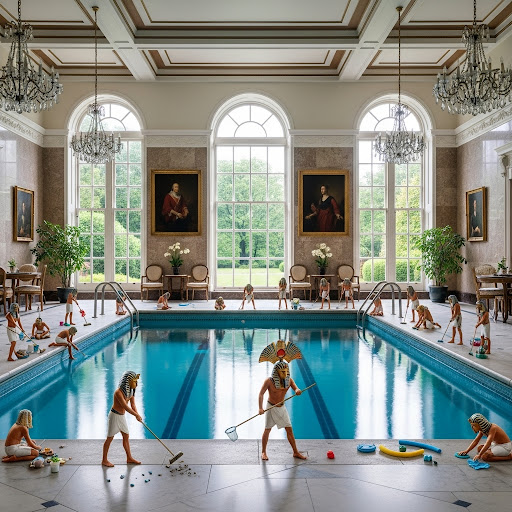 Home Swimming Pool Children playing around a pool in a grand indoor setting with large windows and chandeliers.