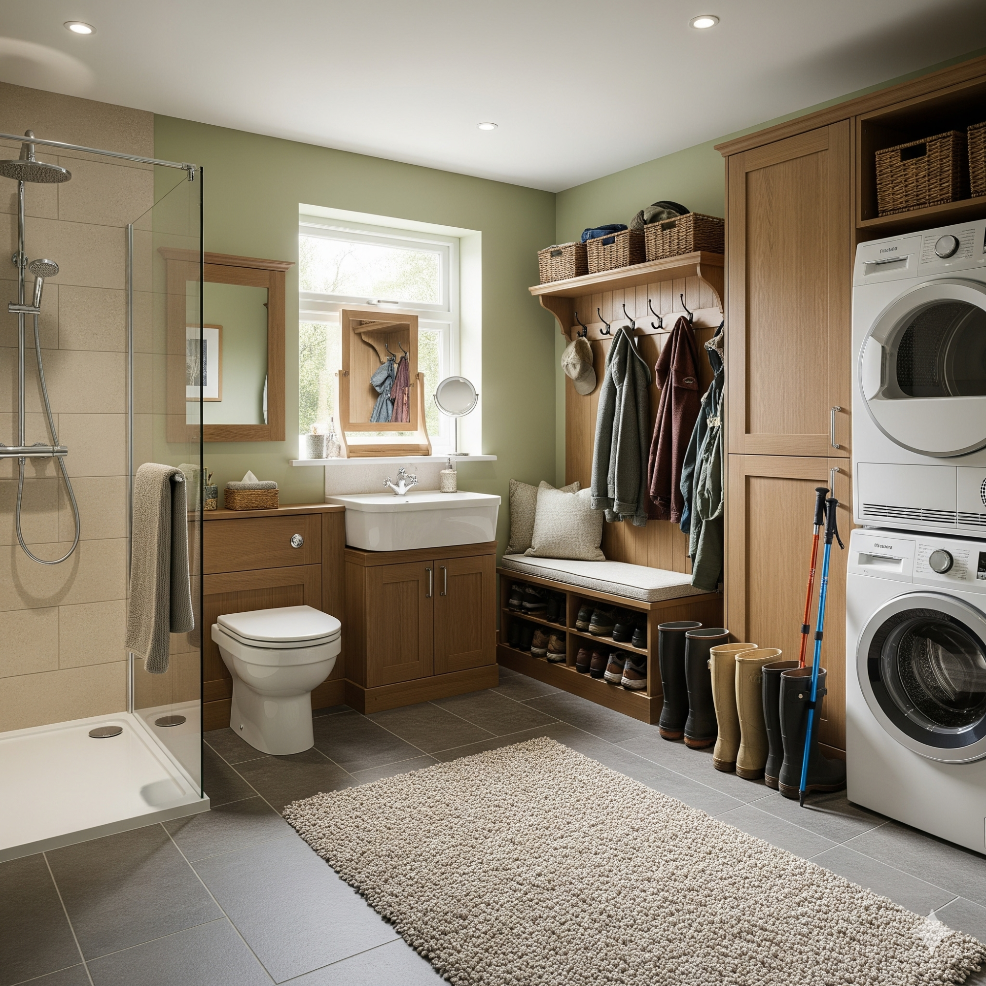 Bootility Modern utility room with shower, sink, storage shelves, washing machine, and boots.