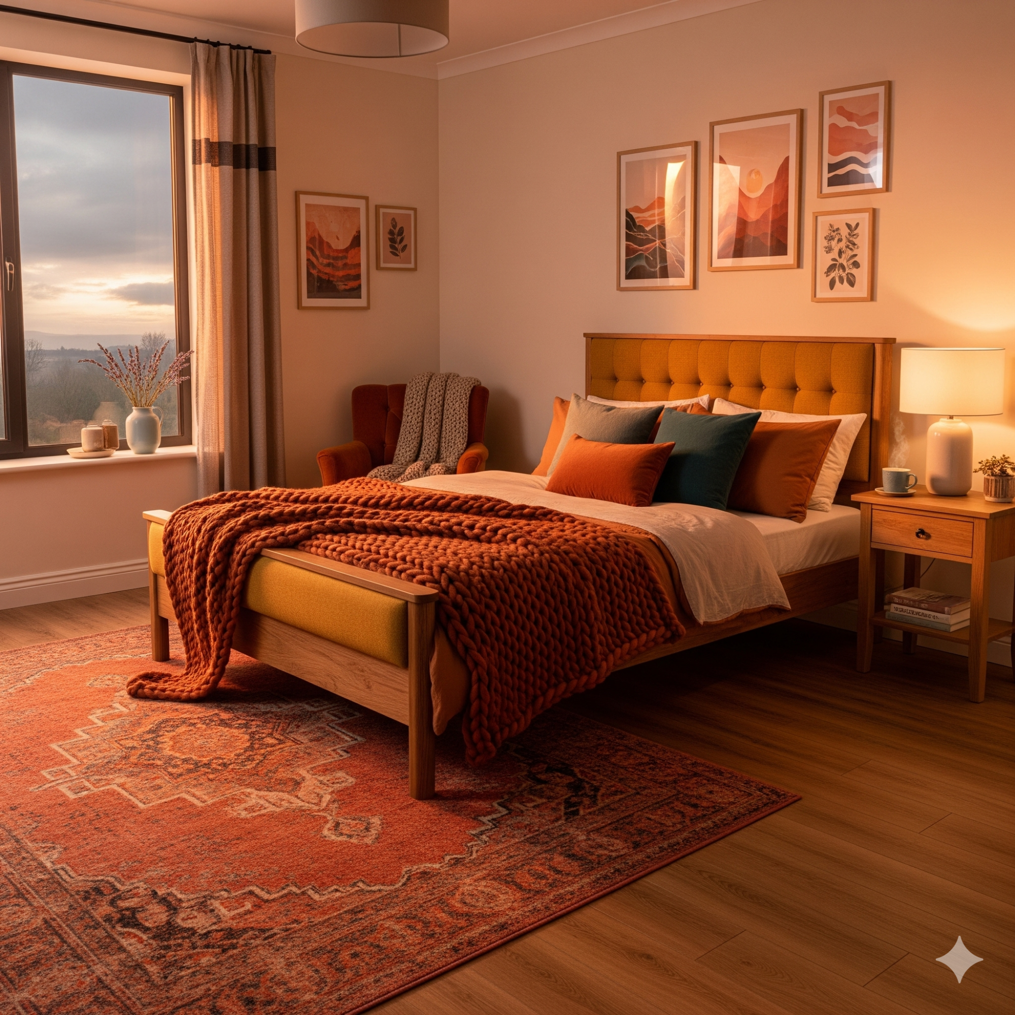Warmth over Coolness Stylish bedroom with a wooden bed, warm tones, and a scenic window view.