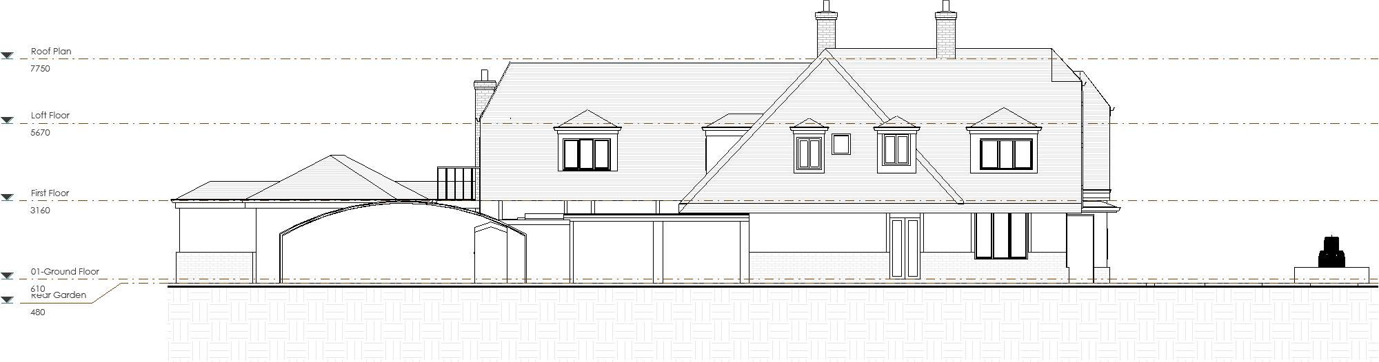 Existing Side Elevation Side elevation of a house with a gabled roof and a small tree in the foreground.