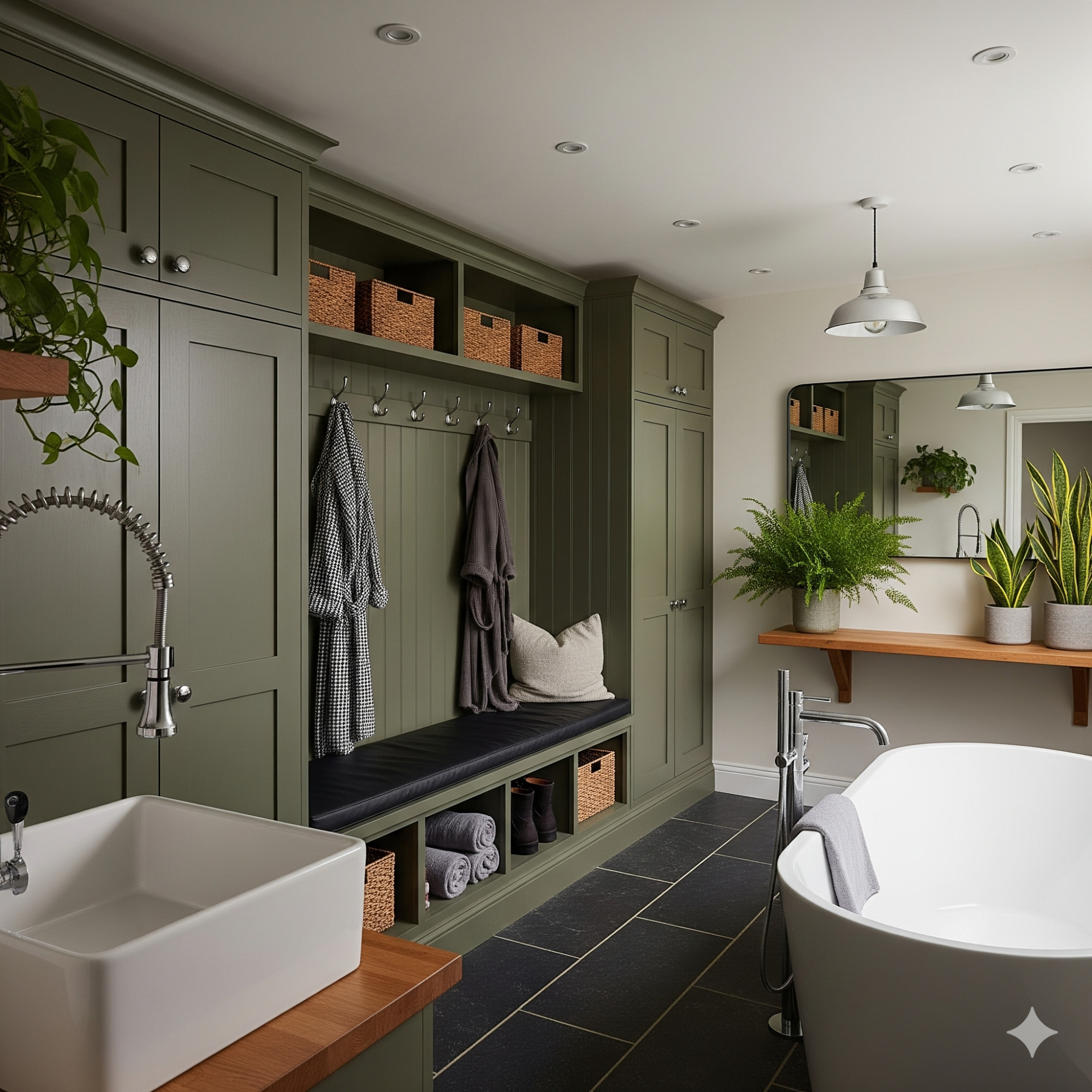 Bootility Spa Modern bathroom featuring green cabinetry, a freestanding bath, and potted plants.