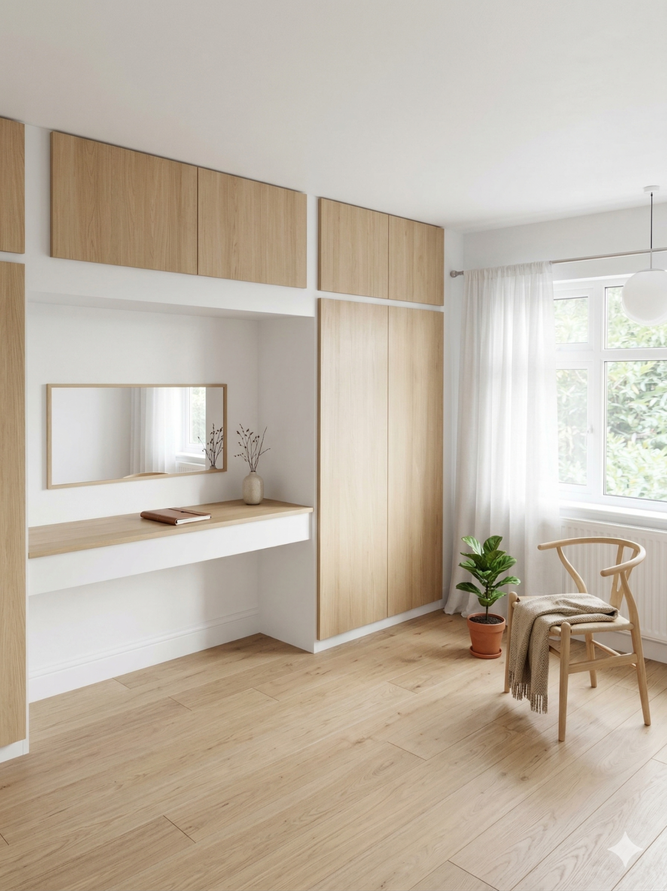 Minimalist & Bright (Scandi) Bright minimalist bedroom with wooden accents, a desk, chair, and a potted plant.
