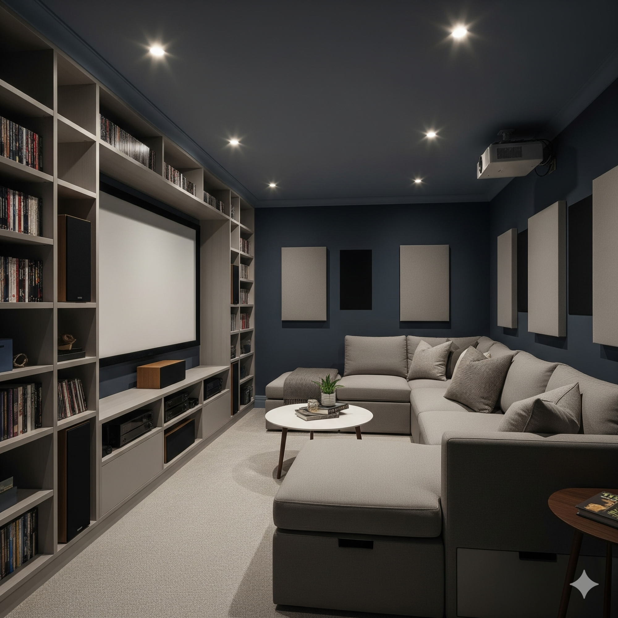 Maximising Space A modern home cinema with grey furnishings, shelves of books, and a projector screen.