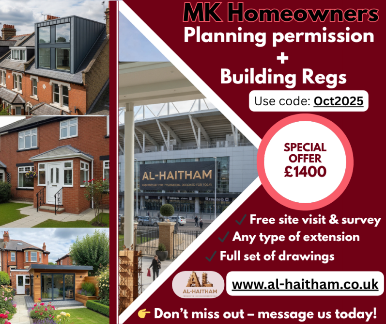 Al-Haitham - October special offer Promotional flyer for MK homeowners offering building regulations services and discounts.