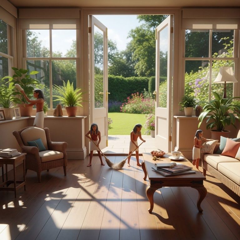 UK Home Cozy Garden Room Bright, airy living room opening to a lush garden, with children playing and plants decorating the space.