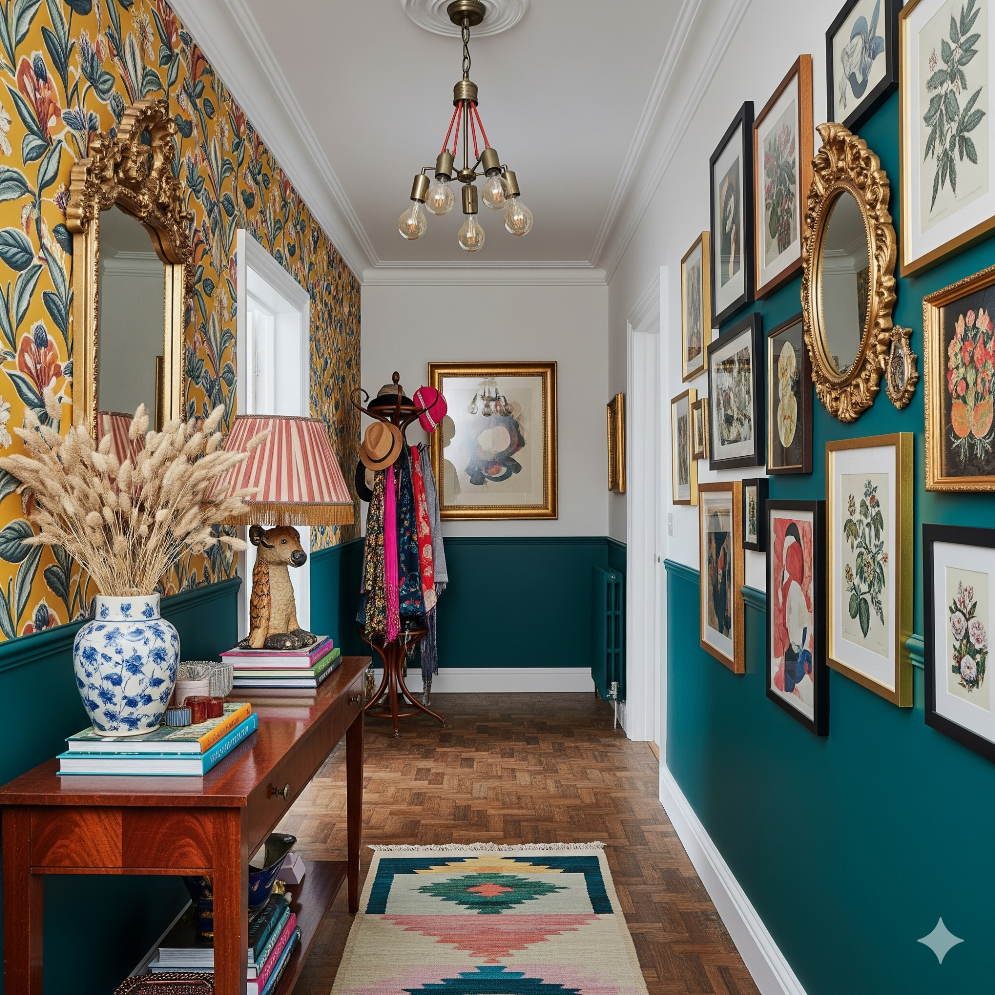 Bold & Eclectic Bright hallway featuring floral wallpaper, decorative mirrors, and art-covered walls.
