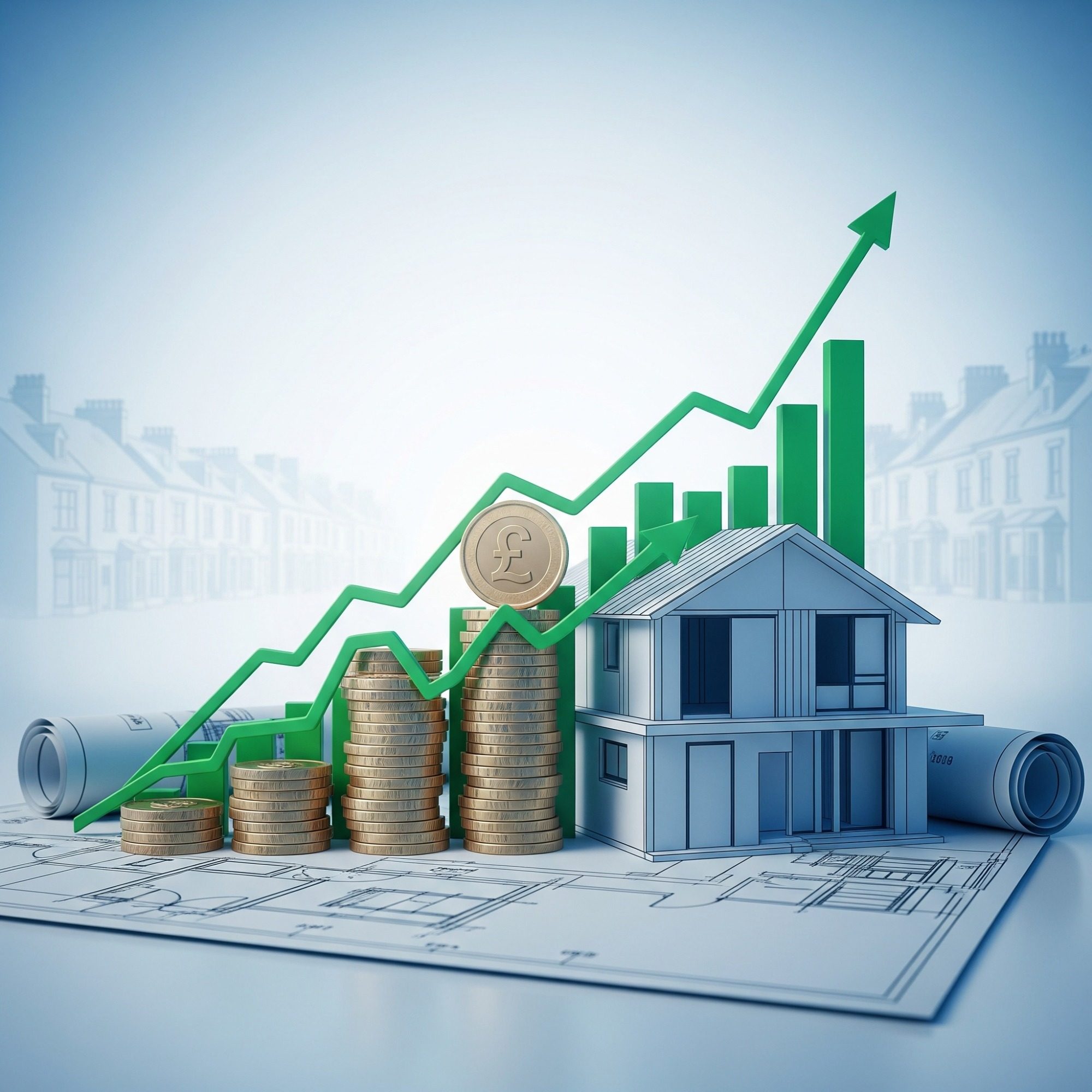 Investment and Development Calculator, coins, banknotes, and financial documents on a desk.