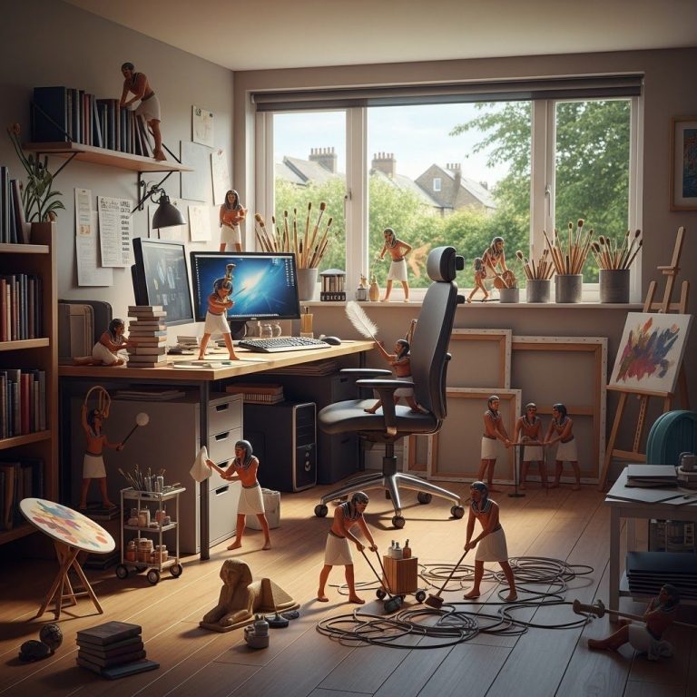 UK Home Office/Studio A cluttered home office with figurines, a computer, and windows overlooking greenery.