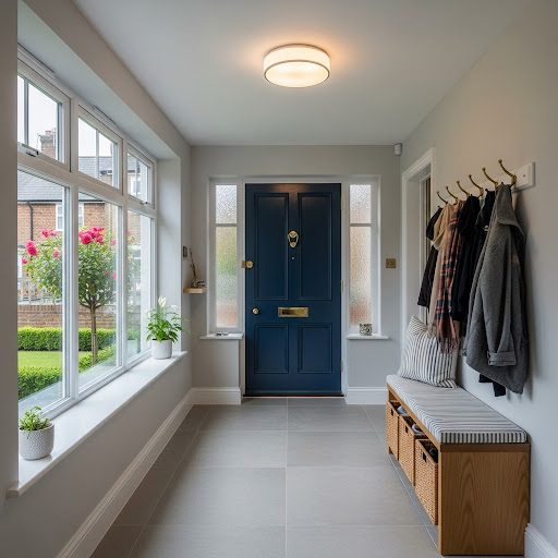 Modern hallway with a blue front door, seating area, and large windows letting in natural light.