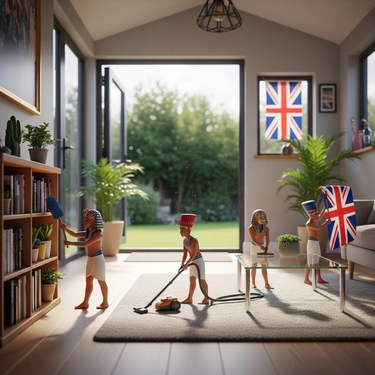 UK Home Garden Annexe Children in a bright room cleaning and playing with British flags in the background.
