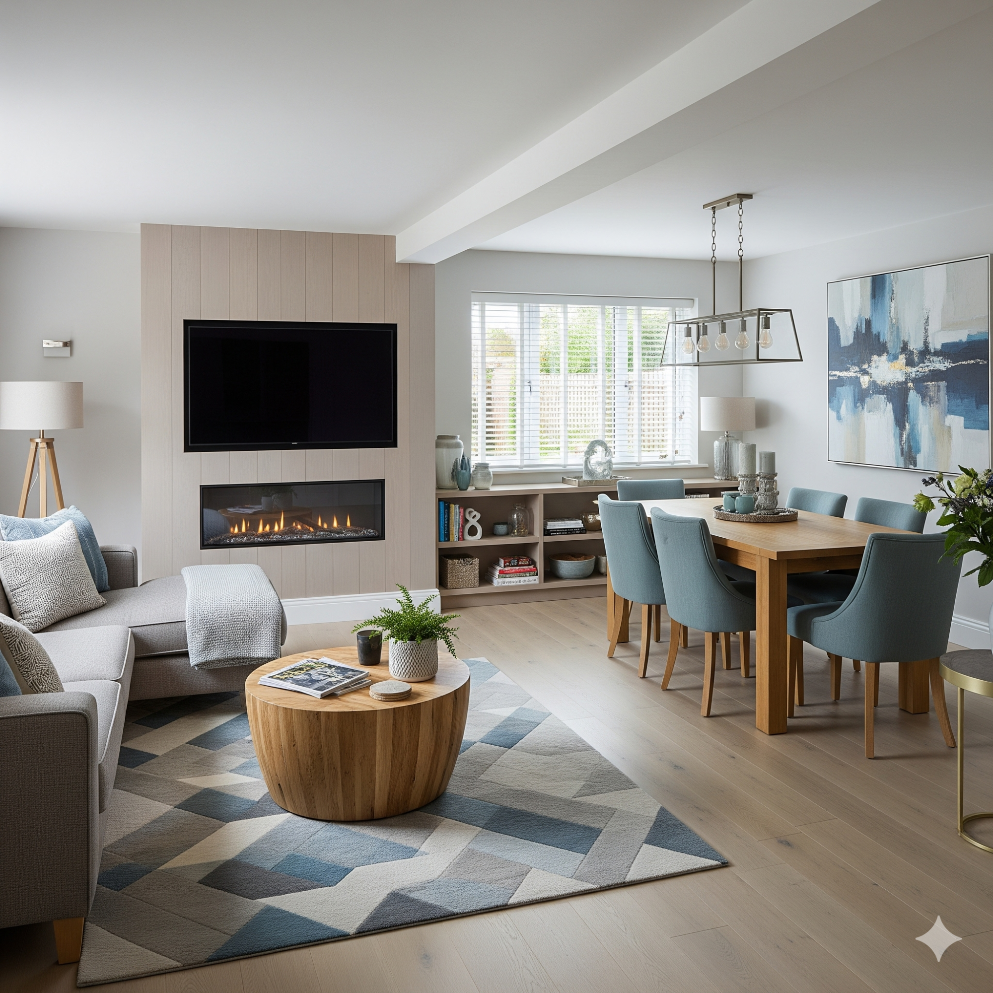 Open-Plan Living Modern living room with a dining area, featuring a sofa, round coffee table, and wall-mounted TV.