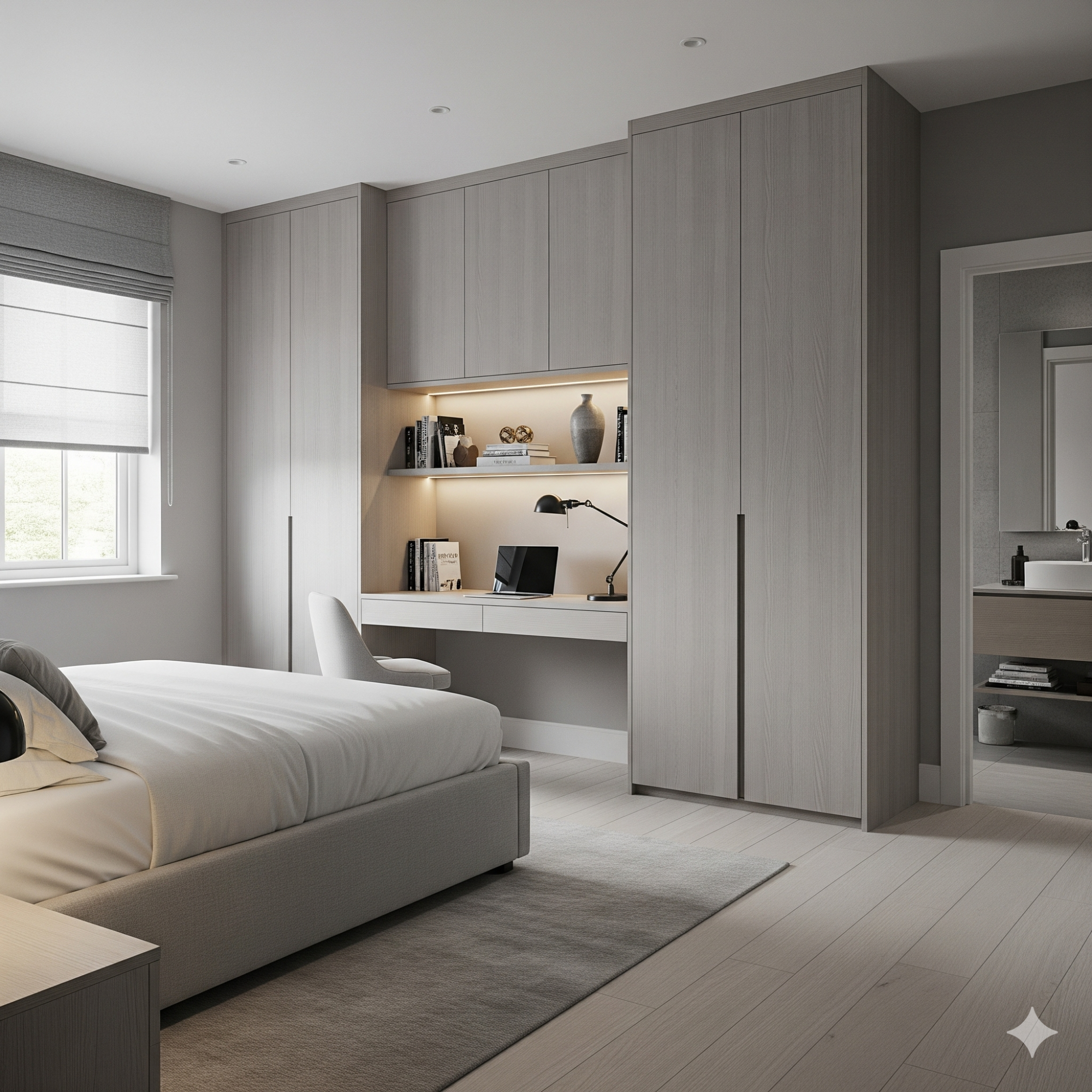 Functional & Organised Modern bedroom featuring grey tones, a desk with a lamp, and an en-suite bathroom.