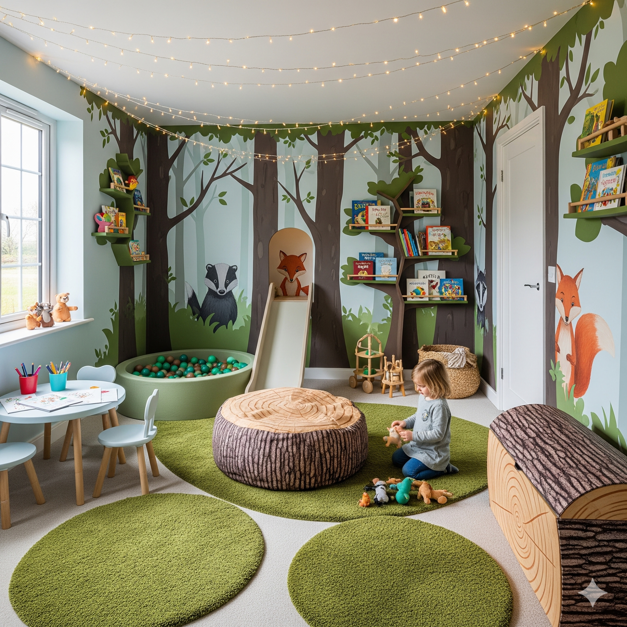Themed Room A playful children's room with woodland-themed decor, a slide, and soft rugs.