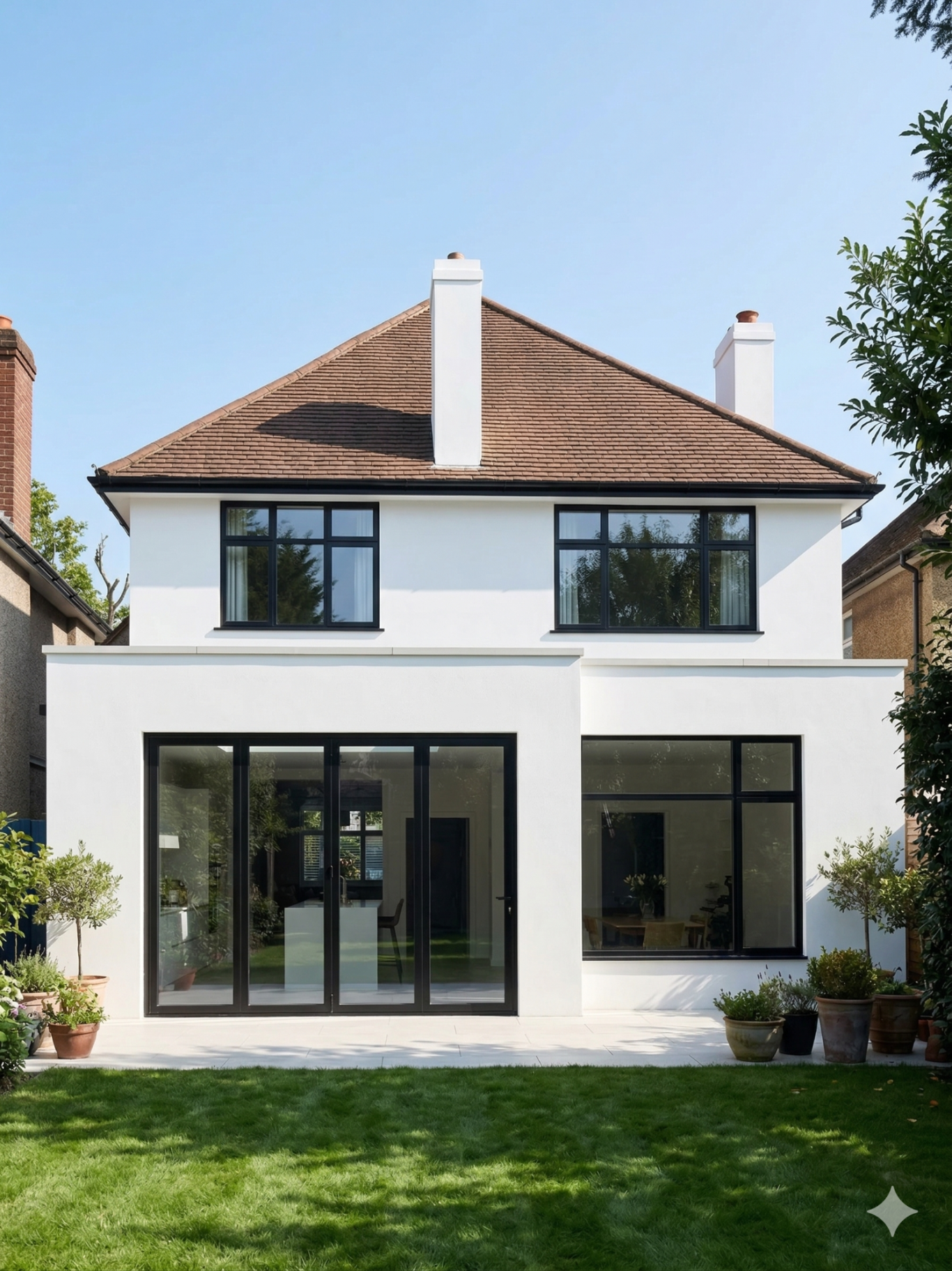 Crisp Modern Render Modern white house with black windows and a brown roof, surrounded by greenery.
