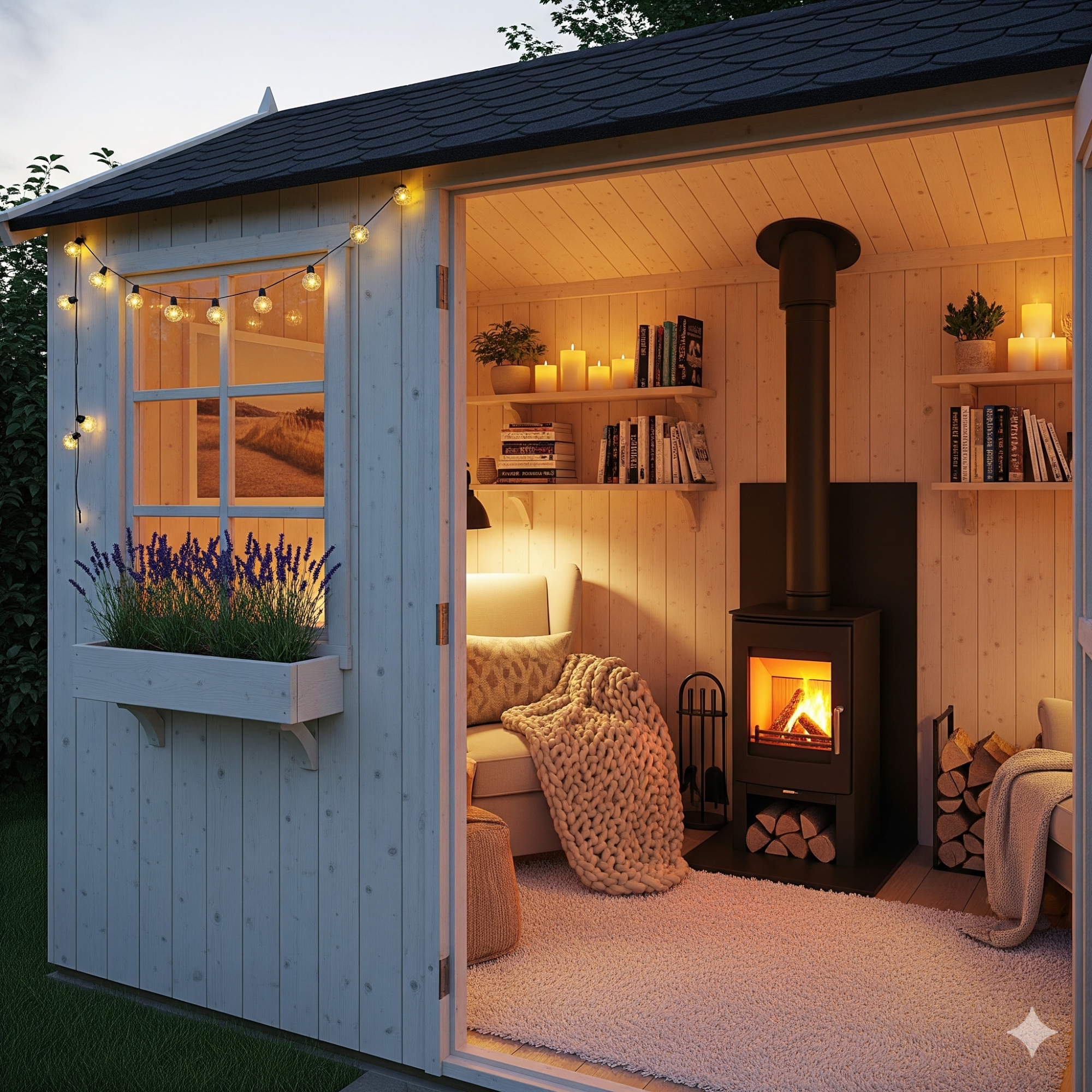 Scandinavian (Hygge) Retreat Cozy garden shed with a stove, bookshelves, and fairy lights.