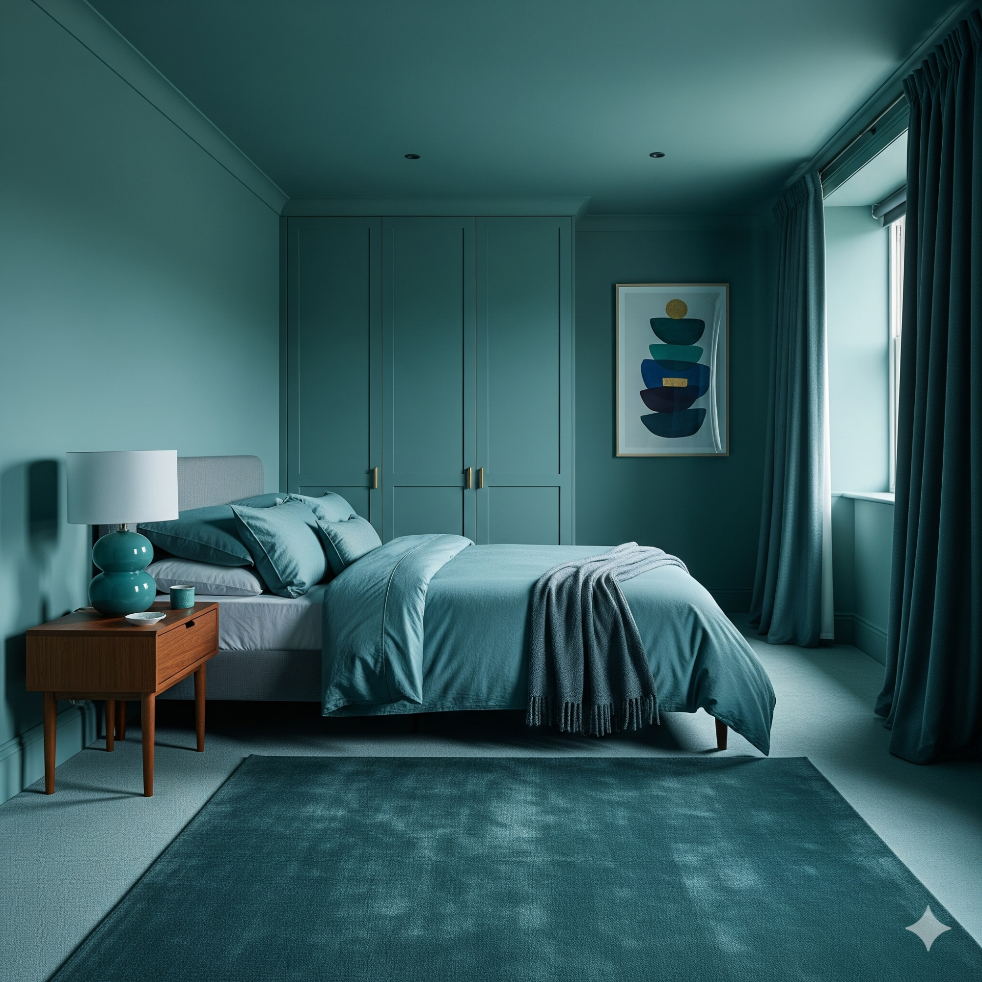 Colour Drenching A serene, teal-themed bedroom with a bed, side table, and artwork.