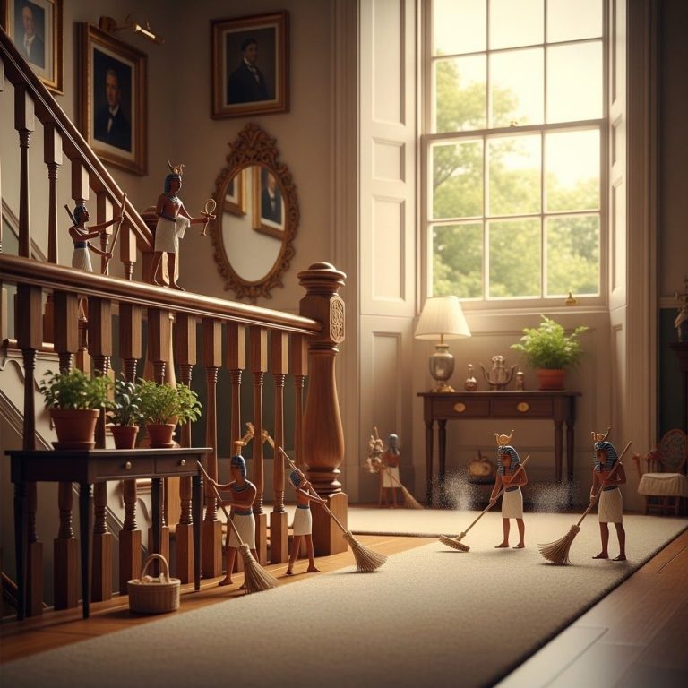 UK home Landing Miniature figures sweeping a spacious, well-lit room with a staircase and plants.