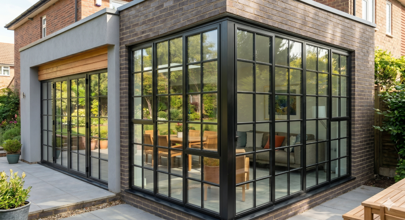 Black Crittall-Style Modern glass extension showcasing a seating area and lush garden views.
