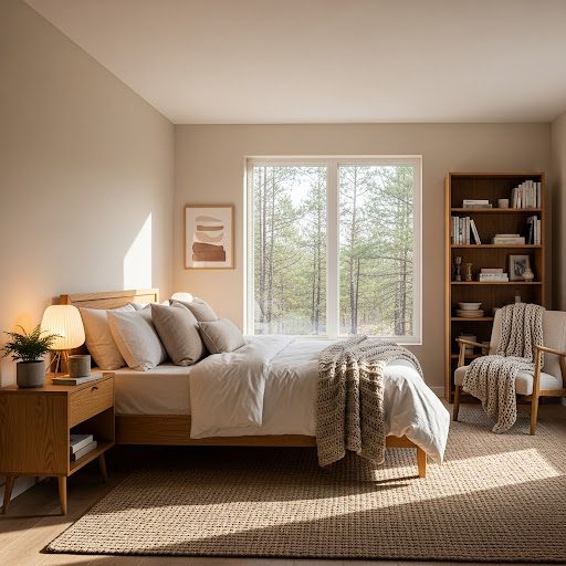 Modern bedroom with a bed, bookshelf, and large windows showing a forest view.