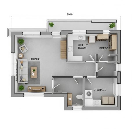UK basement and garden rooms Floor plan of a modern two-bedroom apartment with kitchen, lounge, and utility room.