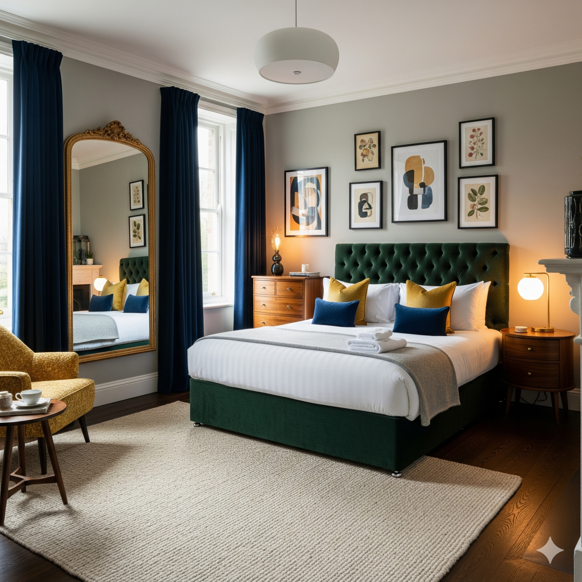 Boutique Hotel Chic Stylish bedroom with a green upholstered bed, framed artwork, and a large mirror.
