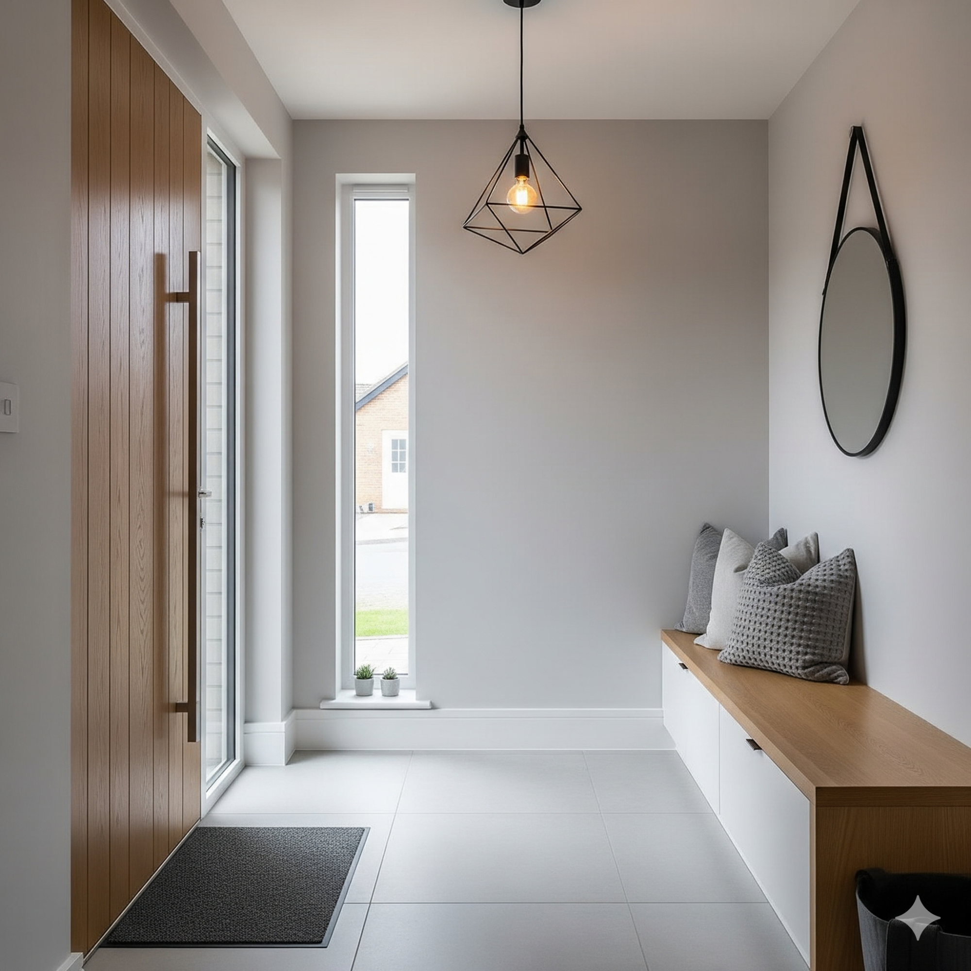 Modern Minimalist Modern hallway with a wooden bench, mirror, pendant light, and large window.
