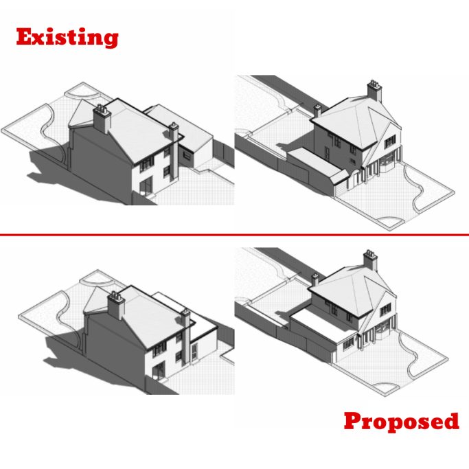 Existing and proposed 3D Views Comparison of existing and proposed architectural designs for a house.