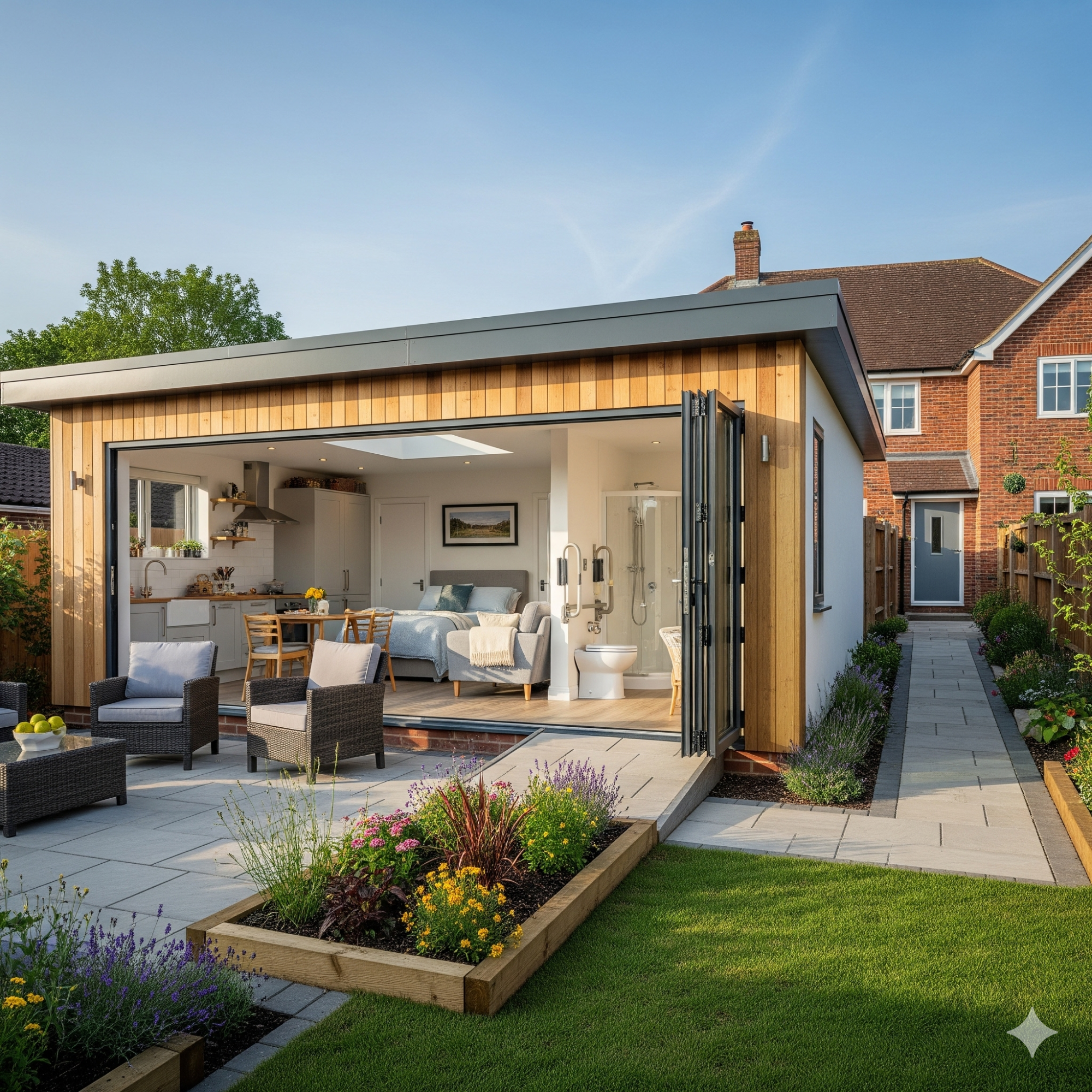 Multigenerational Living Modern garden room with open walls, stylish interior, and landscaped garden.