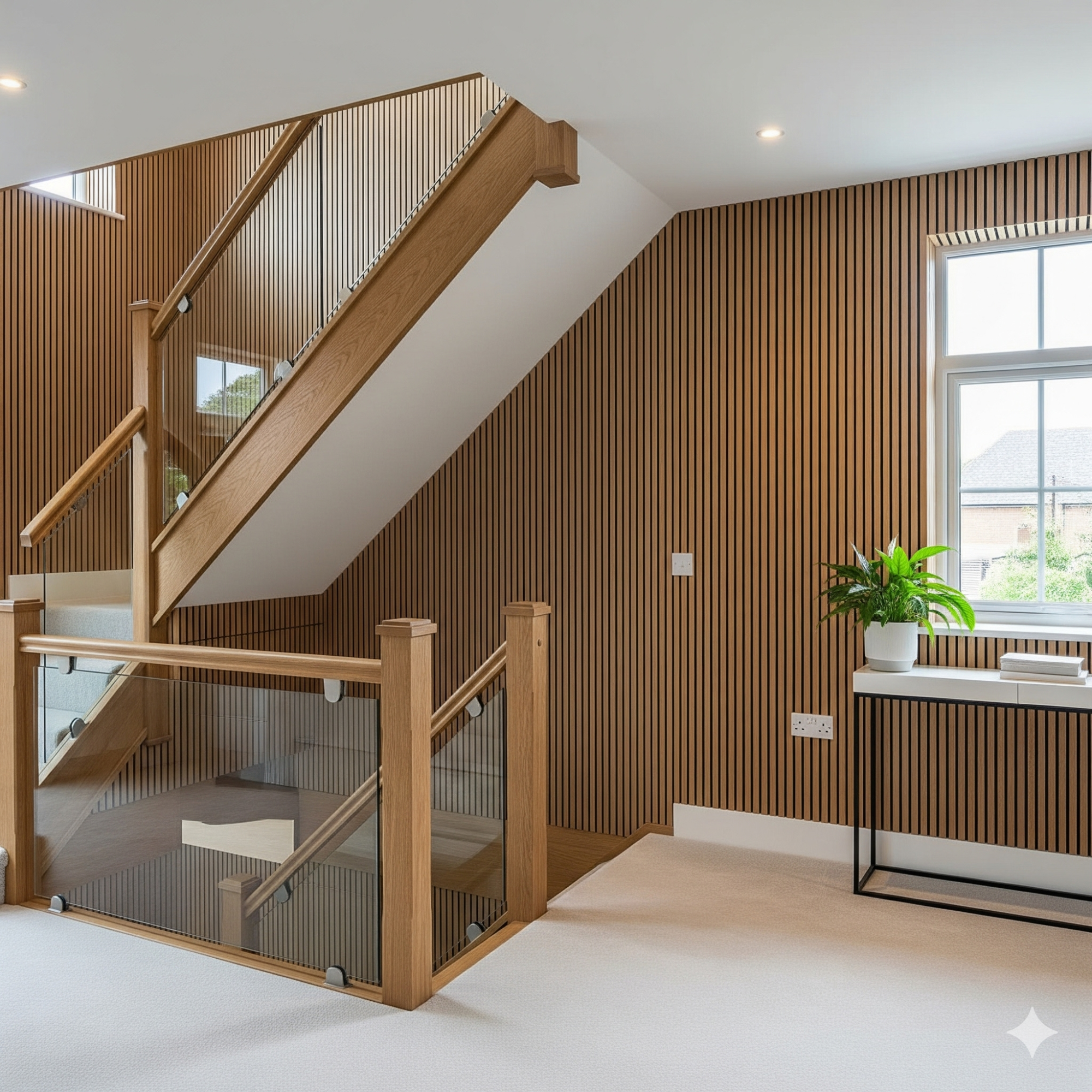 Acoustic Panelling Modern interior featuring a wooden staircase and a stylish console table by a window.