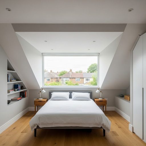 Modern bedroom with a double bed, light wood flooring, and a large window.