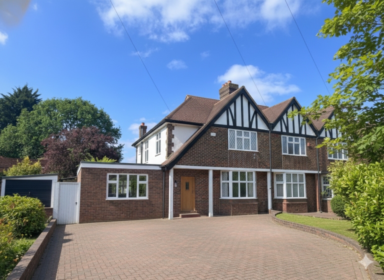 A Seamless Side Extension in Reigate & Banstead A traditional, two-storey detached house with a driveway and landscaped garden.