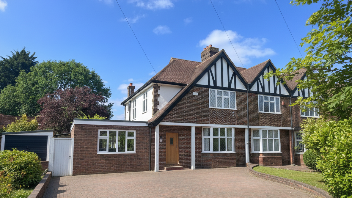 A Seamless Side Extension in Reigate & Banstead Traditional two-storey brick house with a large driveway and green hedges.