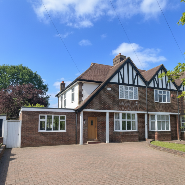 Side Extension in Reigate & Banstead, London A large, modern, brick house with a gabled roof and grey driveway under a blue sky.