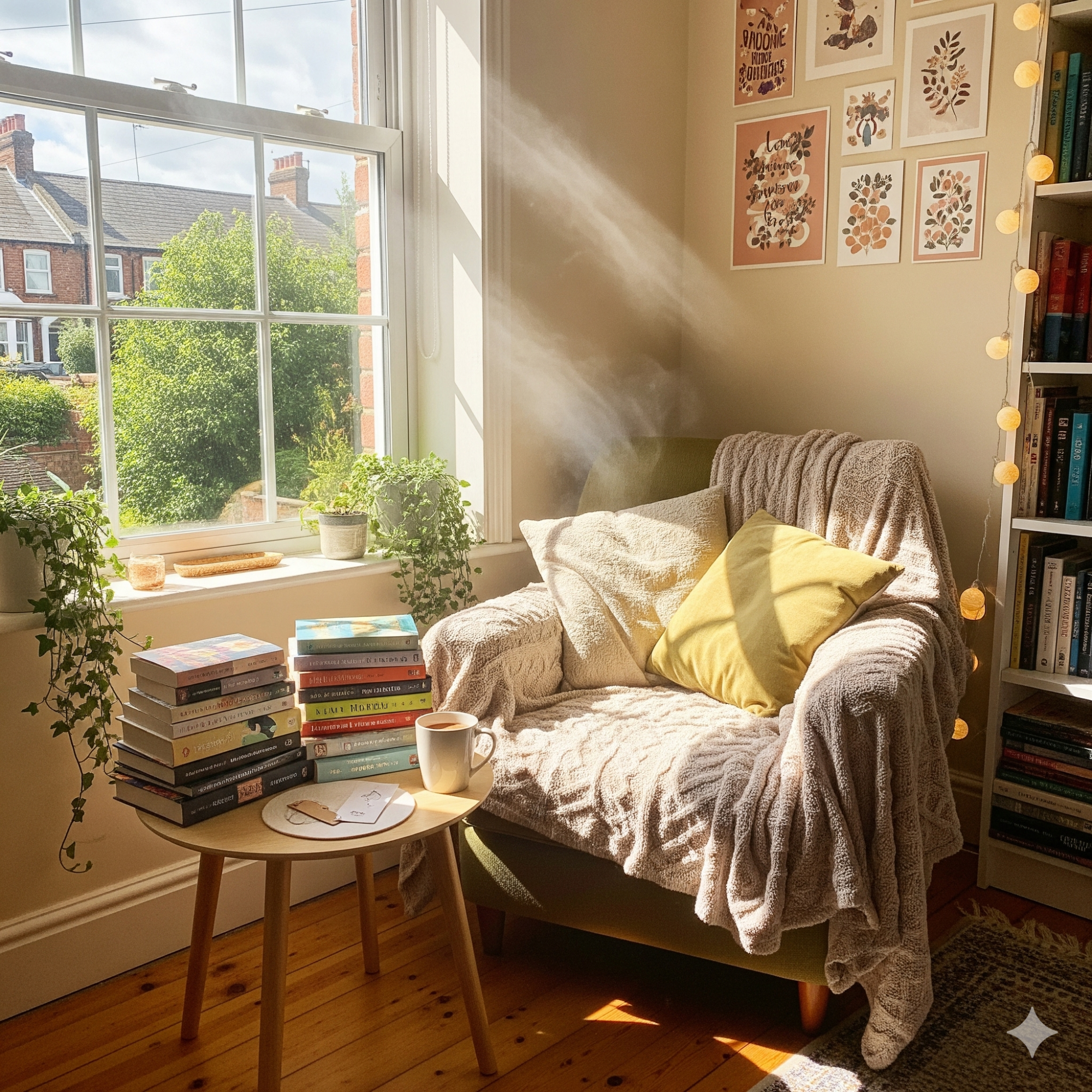 BookTok Influence Cozy reading nook with a chair, stacked books, and sunlight streaming through the window.