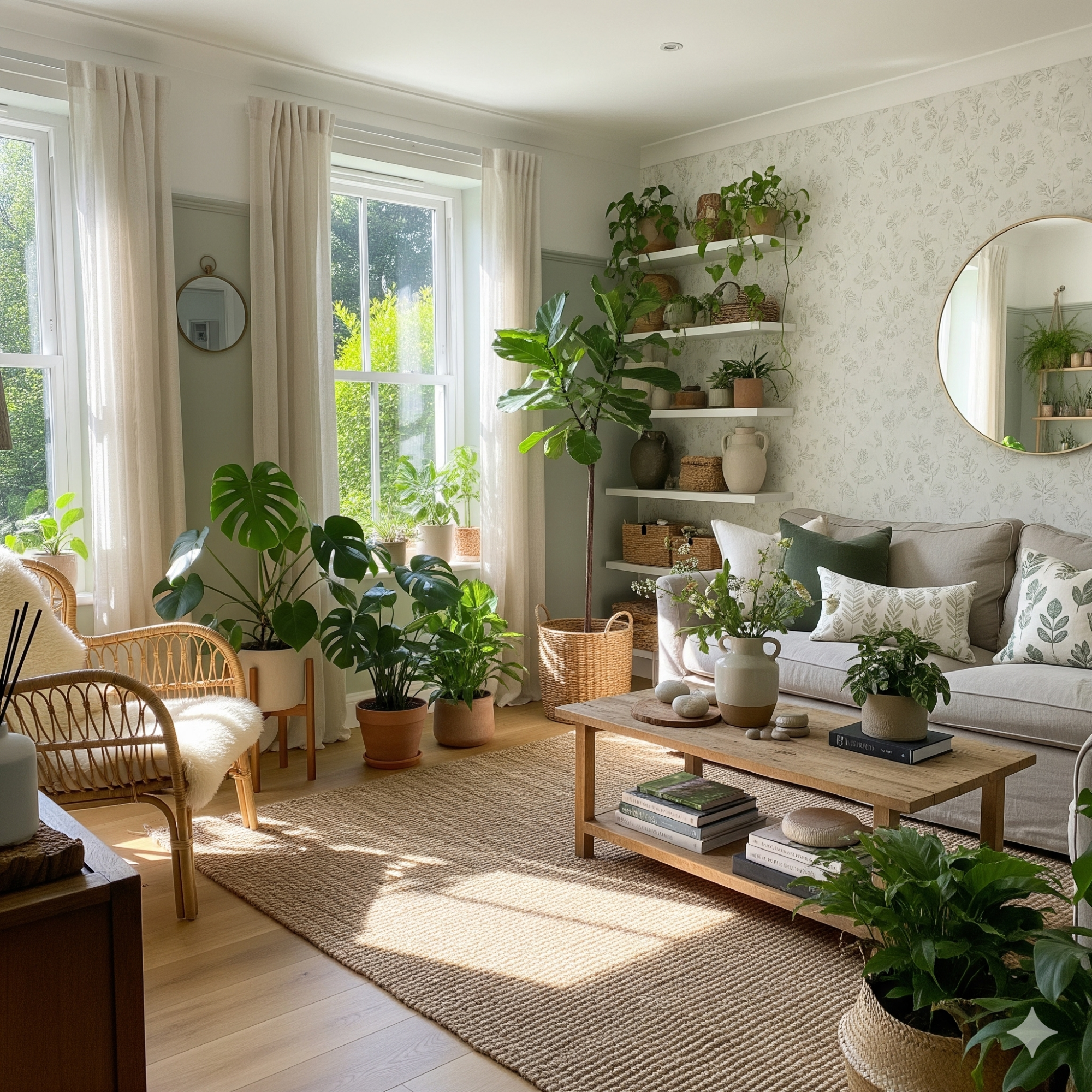 Biophilic Design Bright living room filled with plants, a comfortable sofa, and a wooden coffee table.