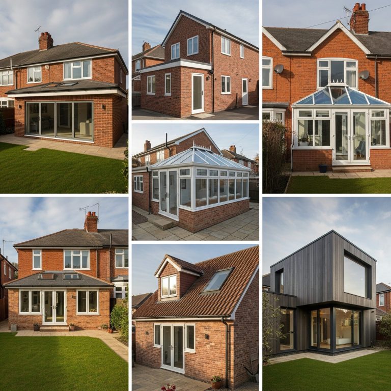 UK house extension types Collage of various modern brick houses with gardens and conservatories.