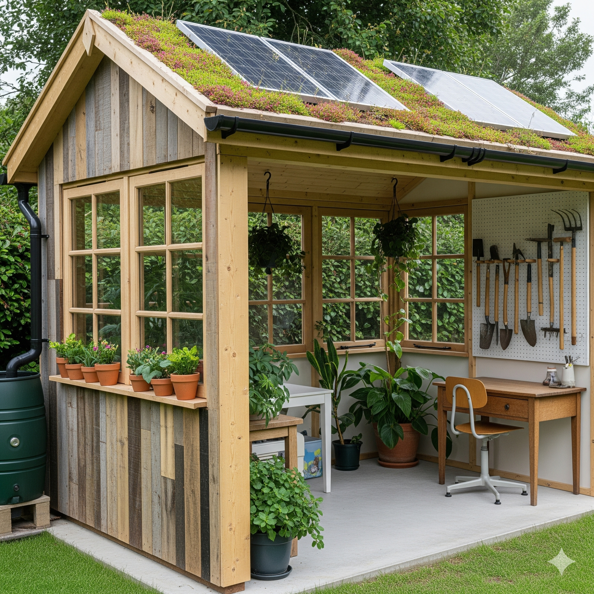 Sustainability A small wooden greenhouse with plants, solar panels, and gardening tools.