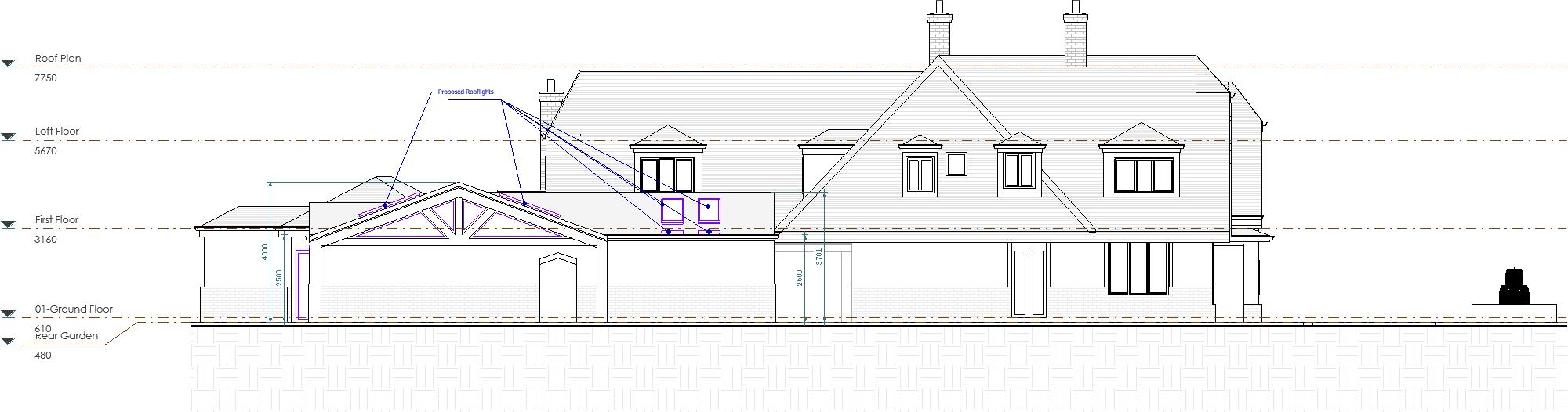 Proposed Side Elevation Architectural elevation of a two-storey house with pitched roof and multiple windows.