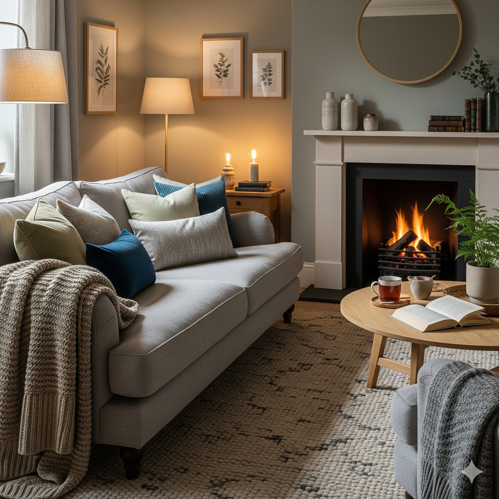 The Calm and Restful Cosy living room with a sofa, coffee table, fireplace, and decorative accessories.