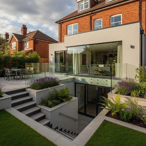 Modern house exterior with a glass extension, garden, and landscaped stairs.