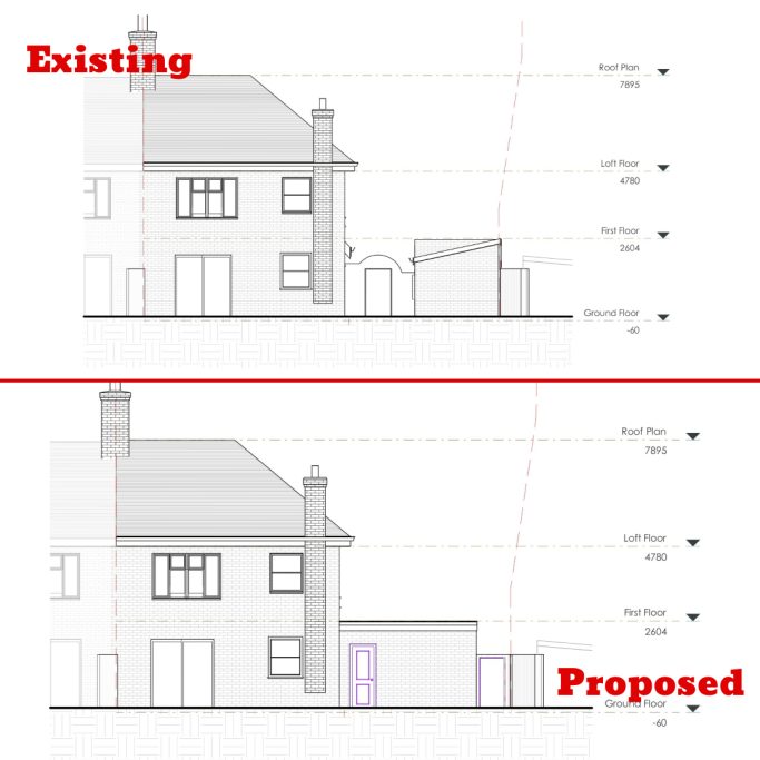 Existing and proposed Rear elevation Side elevation drawings comparing existing and proposed building designs.