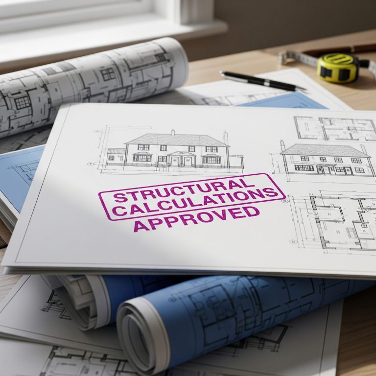 UK Structural calculations and drawings Blueprints and structural calculations marked as approved, on a wooden table.