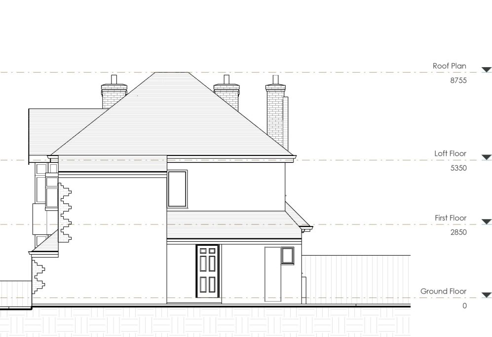 Existing Side Elevation Side elevation drawing of a two-storey house with a pitched roof and chimney stacks.