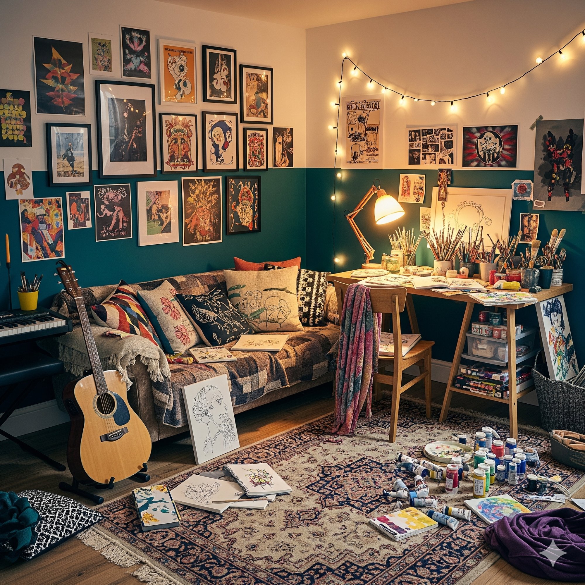 Eclectic & Creative Studio A cluttered artistic studio with a sofa, desk, guitar, and wall art illuminated by fairy lights.